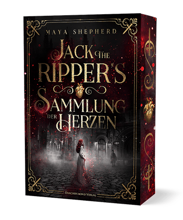 Das dunkelrot-schwarze Cover zeigt im unteren Drittel eine rothaarige Frau in viktorianischem Kleid vor der nebeligen Kulisse Londoner Häuser. Darüber steht der Titel. Eingefasst wird beides durch einen goldenen Rahmen.